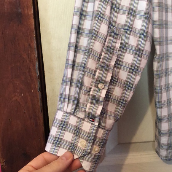 Tommy Hilfiger White Green Blue Purple Graph Plaid Dress Shirt Mens 17 34-35 - Picture 11 of 12